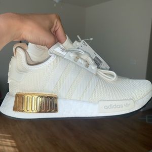 Adidas NMD R1 white cream knit  gold plug shoes